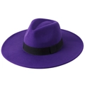 Fashionable purple wool felt fedora hat with wide brim and black decorative ribbon band - One Size 58cm Circumference / Purple