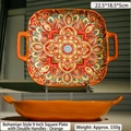 9-inch Bohemian orange ceramic square baking dish with handles and mandala patterns - Bohemian Square Plate with Handles / Orange