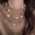 Collier double épaisseur style Maillard avec œil de tigre et perles baroques dorées - 83# Collier Double Rang Perles Baroques Doré Café Blanc