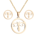 Detail of gold necklace and dragonfly earrings set with hollow circular pattern - Round Hollow Dragonfly - Gold