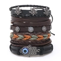 Nahaufnahme von Vintage-Lederarmband-Set mit Hamsa-Hand-Anhänger und Evil-Eye-Detail - Böser Blick Stil (20)