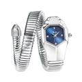 Detalle de reloj de serpiente plateado con esfera azul y textura de metal pulido brillante - Blanco Azul