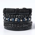 Detail view of multi-layer leather bracelets with blue tiger eye beads and wood beads - L4-Men's Black Blue Tiger Eye Style Set