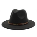 Classic black wool fedora hat with brown band and vintage metal badge on white background - M(56-58cm) / Black