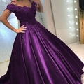 Elegante lila Off-Shoulder A-Linie Abendkleid mit Spitze Applikationen und Satinrock - US size 2 (S) / Lila