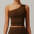 Schokobraunes One-Shoulder-Yoga-Set mit blickdichter Leggings aus mattem Funktionsstoff - S / Birken-Tee-Braun