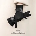Elegant black suede thermal gloves with a leather criss-cross strap design for winter - Black