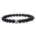 Men's matte black onyx beaded bracelet featuring a cylindrical silver hematite charm - Matte Black