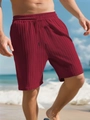 Men's vertical stripe casual shorts in burgundy knit fabric with black drawstrings - Burgundy