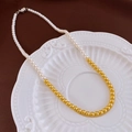 Detail of French vintage necklace with white pearls and gold beads on a white ceramic plate - 44# Necklace-Yellow-Gold White 4mm
