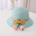 Cute light blue straw hat for kids featuring a yellow bow and pink cherry pom-poms - Kids 54cm / Single Hat / Mint Green