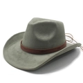 Detail of grey-green suede cowboy hat featuring an ethnic embossed band and leather ties - M (56-58cm) / Army Green Suede