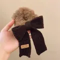 Cute brown knitted bow scrunchie with plush ball and bear leather label detail - Coffee Bow Scrunchie