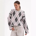 Pull en tricot rétro à motif de losanges rose et gris à manches longues pour femme - S / Gris
