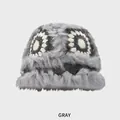 Winter plush gray bucket hat with handmade crochet flowers and thick faux fur warmth - M (54-58cm) / Gray