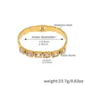 Detailed specs of the gold stainless steel bangle with emerald-cut glass stones - White Glass Stone / Gold