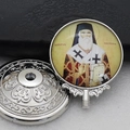 Detailed macro view of silver metal Saint Nectarie icon with a threaded screw-in base - Silver-13 (Saint Nektarios)