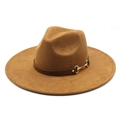 Cappello fedora in camoscio marrone a tesa larga con cinturino in pelle e fibbia oro - M (56-59cm) / Cachi