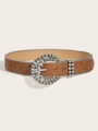 Cintura in pelle marrone con motivi floreali e fibbia rotonda con strass - Marrone Goffrato (Set Fibbia Strass)