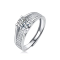 Silver moissanite ring with six-prong setting and adjustable open band for women - Adjustable Open / Precision Pave Style (R10779-6.5mm/1 Carat)