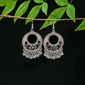 Detail of vintage silver boho earrings with turquoise enamel flowers and metal tassels - Retro Silver Cyan Blue Flower(E5151)