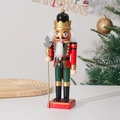 Classic 25cm wooden nutcracker soldier in red uniform with gold crown on festive background - Spear Soldier