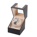 Single watch winder box in black lychee leather with clear glass lid and beige interior - 1+0 Litchi Pattern (Black Exterior Beige Interior)