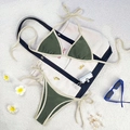 Olive green and cream contrast string bikini set laid on sand with beach accessories - Army Green