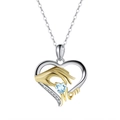 Silver heart necklace with gold Mom lettering and light blue gemstone pendant - Sky Blue Topaz 14K Gold Plated, Approx. 2.96g