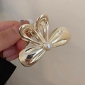 Pale gold liquid metal butterfly hair claw with white pearl inlay for women - Pearl Butterfly / Gold