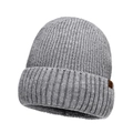 Men's medium gray knit beanie with ribbed texture and brown leather label accent - One Size / Light Gray