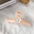 Macro detail of a pink translucent hair claw clip with a glossy white flower and gold spring - 12.7cm / Orange Pink