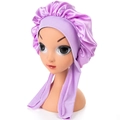 Purple satin baby sleep cap with a cute bow tie and soft ribbons for hair protection - One Size / Light Purple