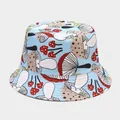 Detail of light blue bucket hat featuring colorful mushroom patterns on cotton fabric - M (56-58cm) / 18# Light Blue Fun Mushroom