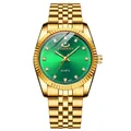 Men's gold stainless steel business watch with emerald green dial and crystal markers - Gold Case Green Dial Male