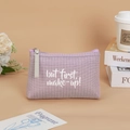 Purple striped canvas makeup bag with but first, make-up text and beige zipper handle - Dotted Letters / Purple