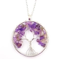 Lebensbaum Anhänger Halskette mit natürlichen lila Kristallsteinen auf weißem Grund - 5CM Amethyst + Kette
