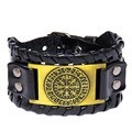 Wikinger Vegvisir Kompass Herren-Lederarmband in Schwarz mit goldener Metallplatte - PU-Leder Schwarz + Antikbronze