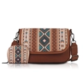 Bohemian canvas shoulder bag set with ethnic pattern and brown faux leather trim - Khaki