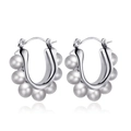 Silver U-shaped stainless steel earrings with seven white pearls on white background - Cast Pearl Inlaid Silver (MS176)