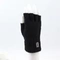 Detail of black fingerless knit gloves with ribbed wrist cuff and deer head fabric patch - One Size / Black