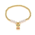 Gold-plated bear charm bracelet with white pearls and heart-shaped red zircon stones - Bear Pendant Pearl Beaded Bracelet / Gold & Pearl White