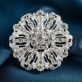 Elegant vintage silver floral brooch with round crystals on dark blue silk background - XD822009 Silver Vintage Hollow Round