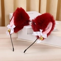 Deep red plush cat ear headband with white silk bows and golden bells for cosplay - Burgundy