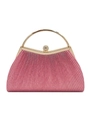 Elegant pink pleated evening handbag with gold ring handle and sparkling crystal clasp - Pink