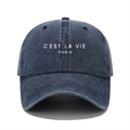 Detail showing vintage washed navy cotton fabric and white C'EST LA VIE PARIS embroidery - Navy Blue