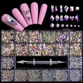 Macro detail of 21 grids nail art rhinestones kit with AB crystals and dual-ended dotting pen - AB Iridescent Set / 21 Grids/600 Large+2500 Flatback