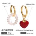 Asymmetric stainless steel earrings with red enamel heart and freshwater pearl drop - Pearl & Red Heart Asymmetric(JDEW2408062)