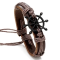 Retro braided brown leather bracelet featuring a black metal nautical rudder charm - Brown