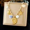 Nautical theme necklace with golden starfish and seashells on a white woven rope cord - Conch Scallop Starfish Heart Pendant Style (N3683)